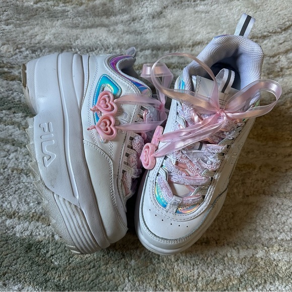 Fila Shoes - Fila Wedge White Platform Sneakers with Pink And Iridescent Accents size 7 women